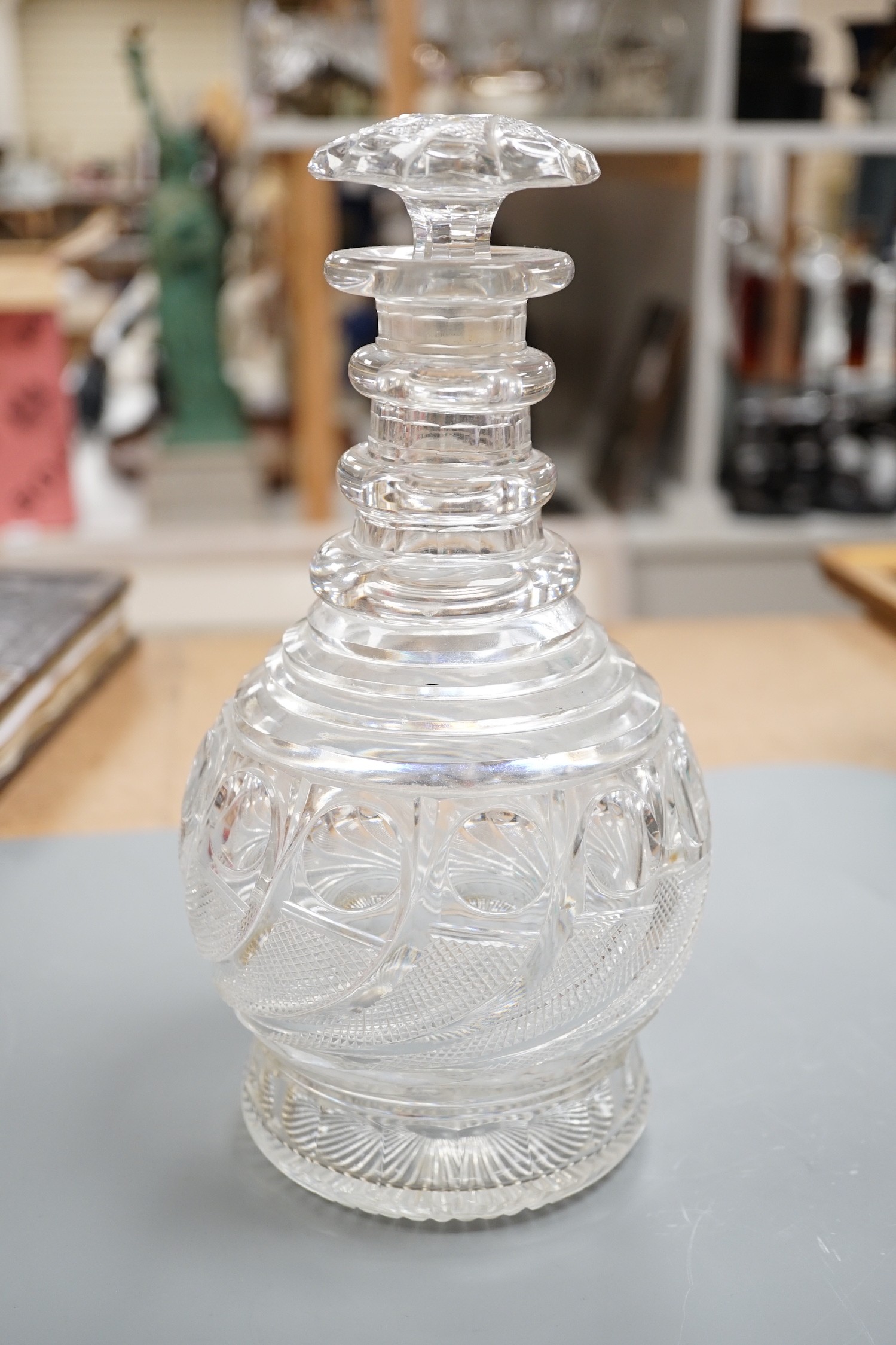 Assorted 19th and 20th century drinking glasses, rinsers, an etched vase, a pair of cut glass decanters and a late Georgian Anglo-Irish decanter and stopper